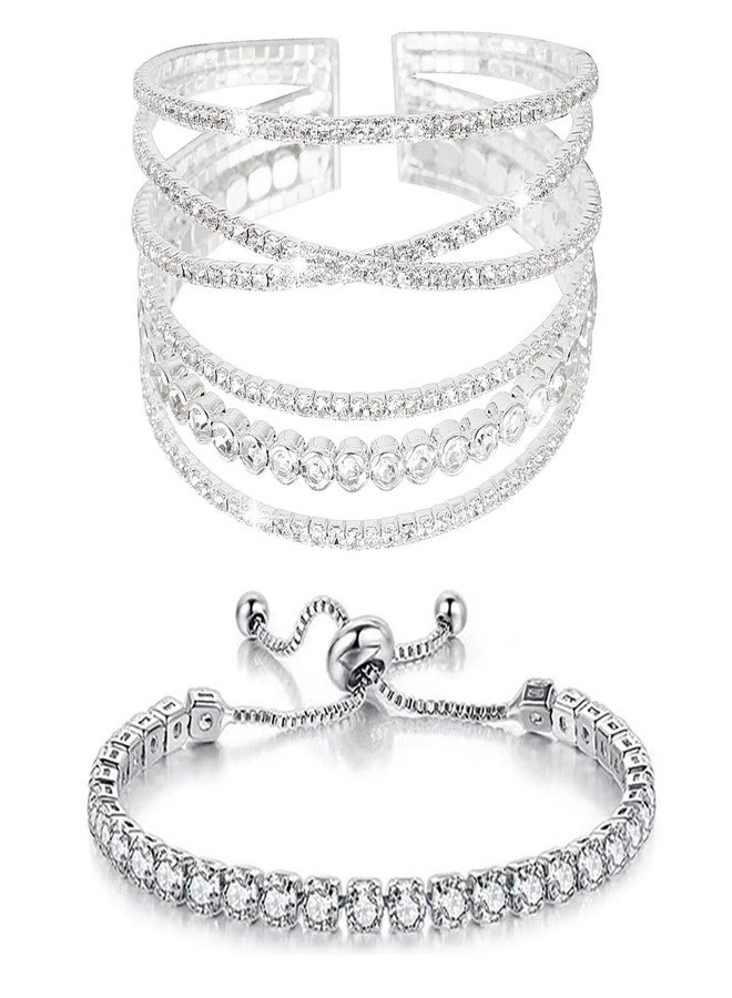 Wovanoo Rhinestone Cuff Bracelet for Women 2Pieces MultiLayer Rhinestone Bracelet Sparkling Crystal Bridal Bracelet for Party Prom Wedding Silver 1 - Image 1